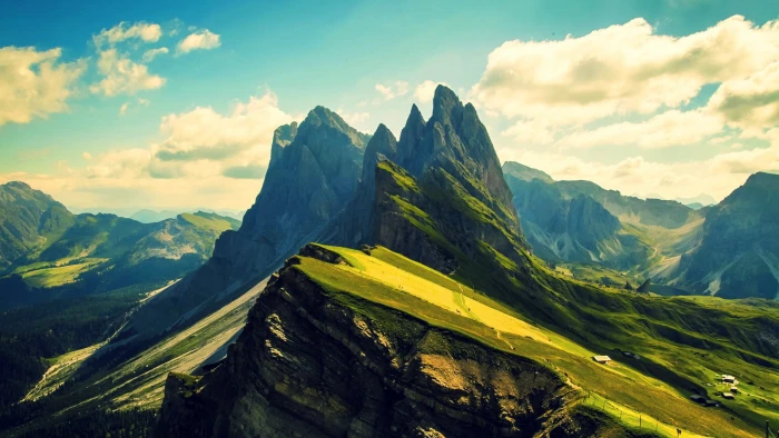 green mountain mountains during daytime clouds trees 2k