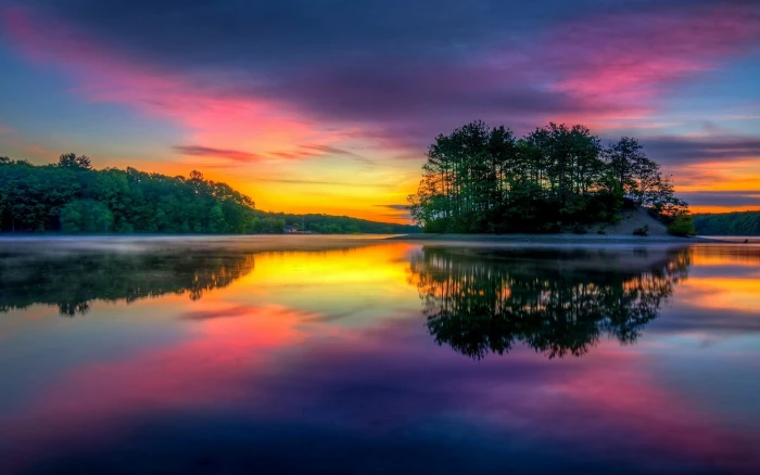 green trees colorful lake island nature landscape reflection 2k