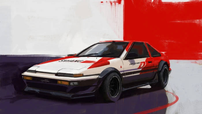 Initial D car concept art Toyota purple red front angle view 2k