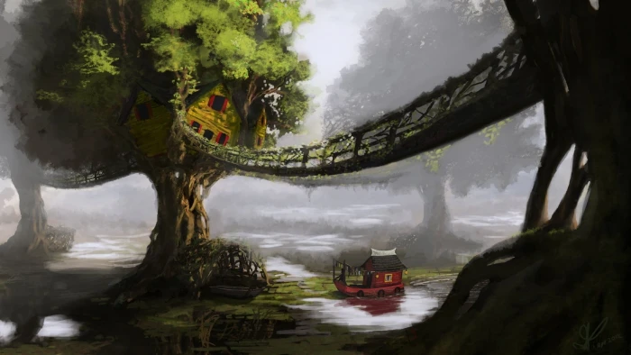 hanging bridge over red vehicle and green field painting fantasy art 2k