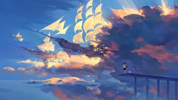 hanyijie sky scenery ship anime art 2k