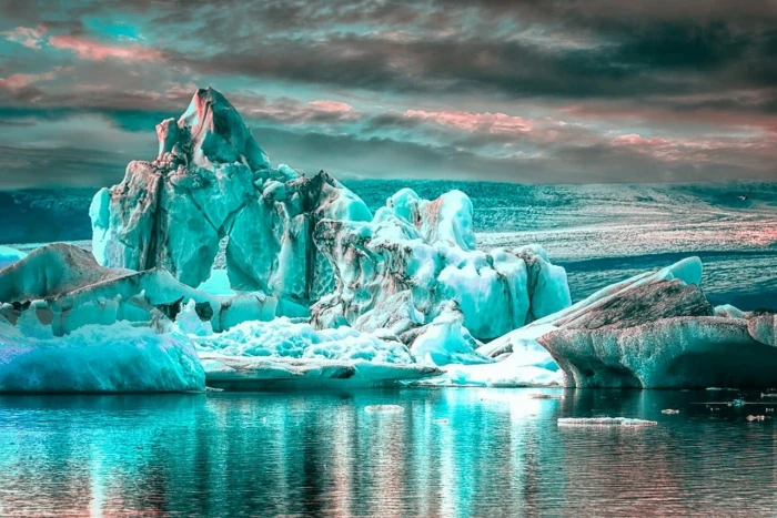 ice age digital wallpaper glaciers water clouds reflection