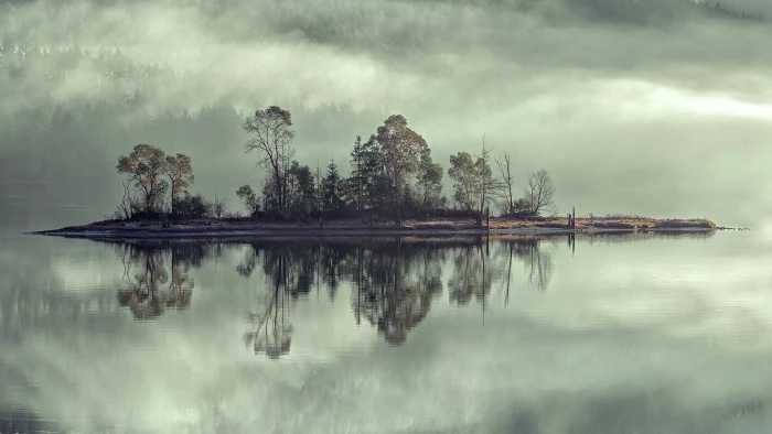 island photo nature landscape trees mist forest water lake 2k