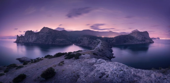 landscape nature panoramas peninsula beach sunset shrubs 2k