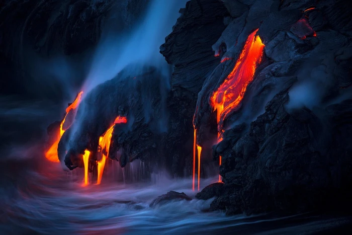 lava flood near sea illustration nature rocks volcano smoke
