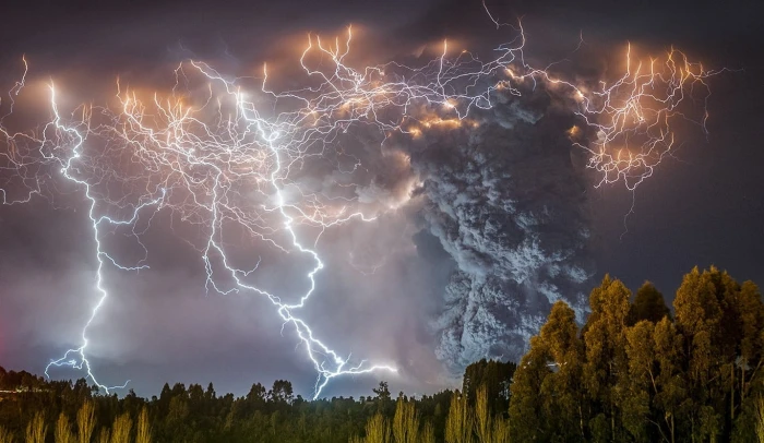 lightning storm illustration volcano eruptions smoke forest