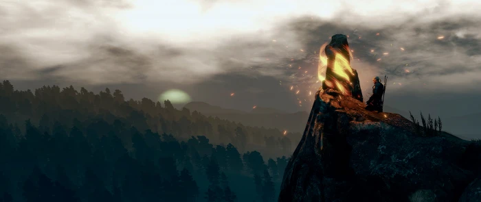 man kneeling in front of glowing stone by a cliff digital painting 2k