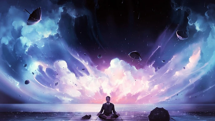 man in black suit jacket fantasy art meditation water sea 2k