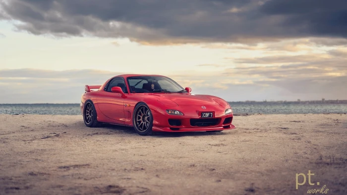 Mazda RX 7 FD Japanese cars JDM beach clouds red 2k