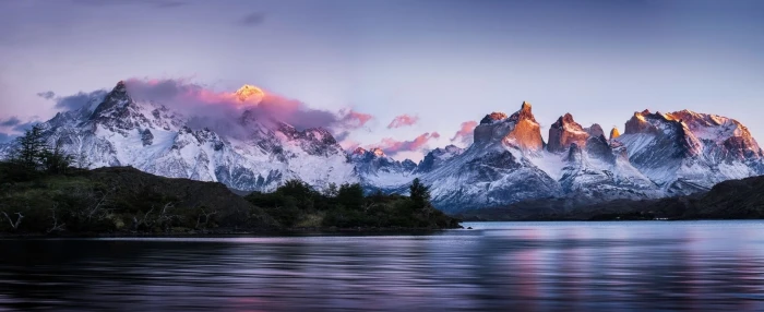 mountains in front of body water panoramas Torres del Paine 2k