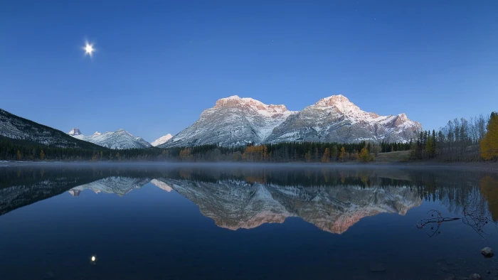 Mountains forests lakes moon night landscape reflection pictures scenery 2k