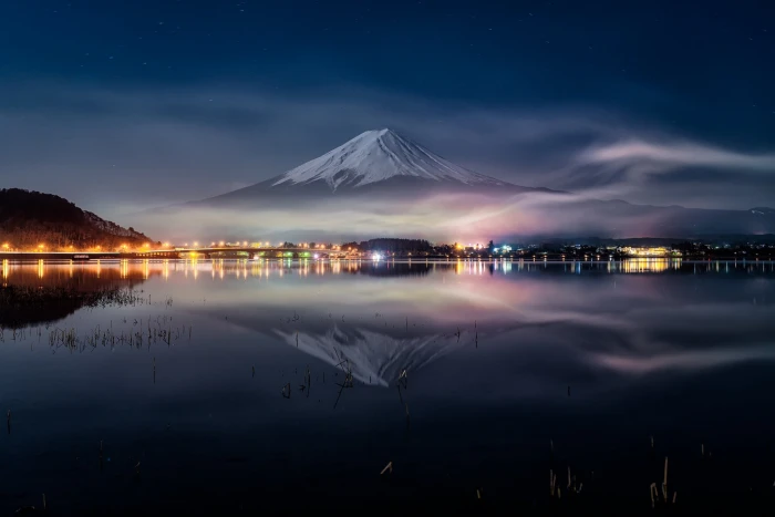 Mt Fuji nature reflection mountains snowy peak mountain pass 2k
