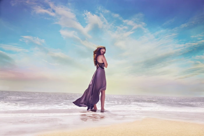 model sea women dress beach sky water cloud one person 2k