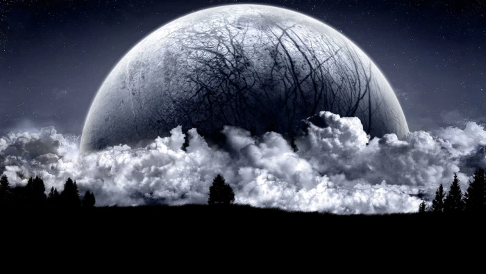 moon and clouds wallpaper digital art fantasy stars trees 2k