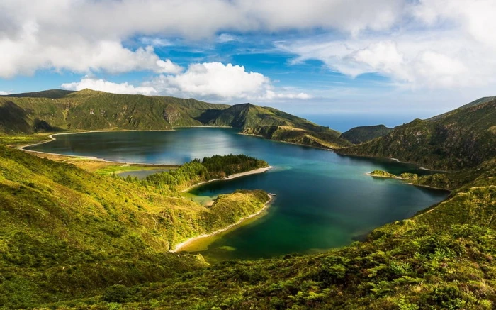 nature landscape lake mountains island Azores clouds