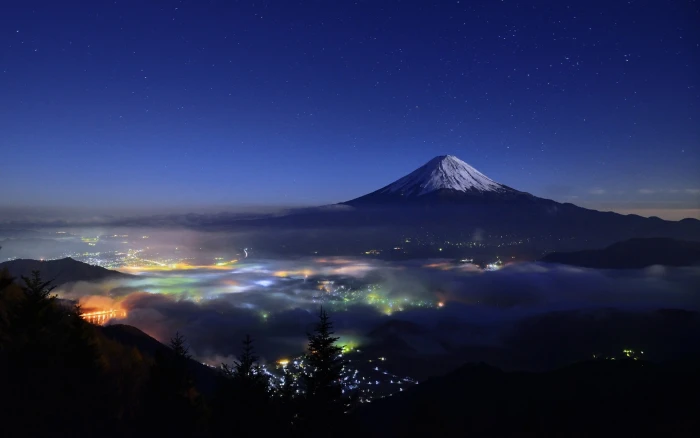 Nature Landscape Starry Night Mountain Cityscape Mist Snowy Peak Light Strees Mount Fuji Japan mount fuji in japan 2k