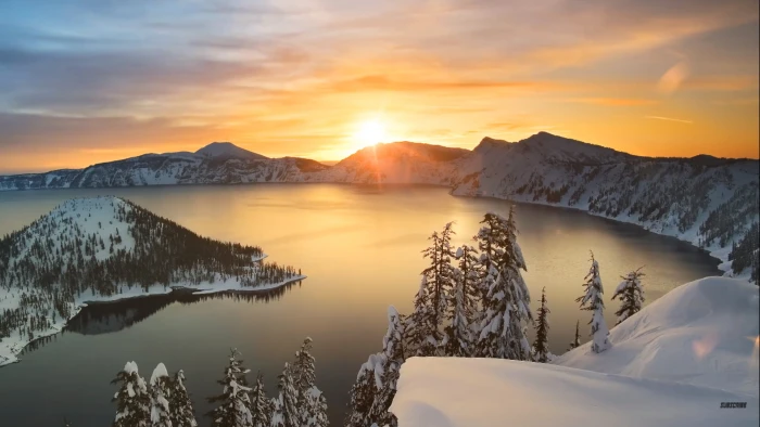 nature snow sun rays trees water lake sunset 2k