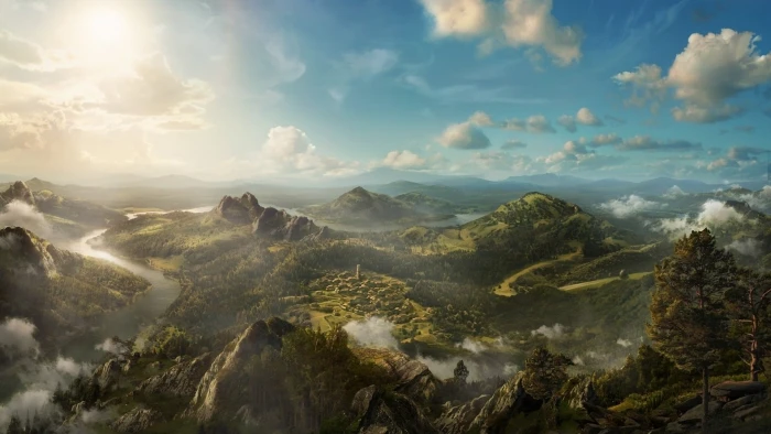 nature wallpaper fantasy art landscape summer mountains trees 2k
