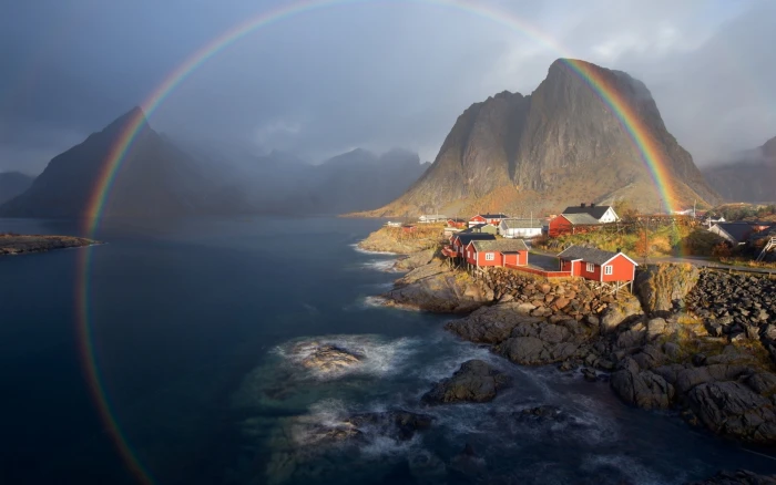 nature wallpaper landscape water trees house Norway rainbows 2k