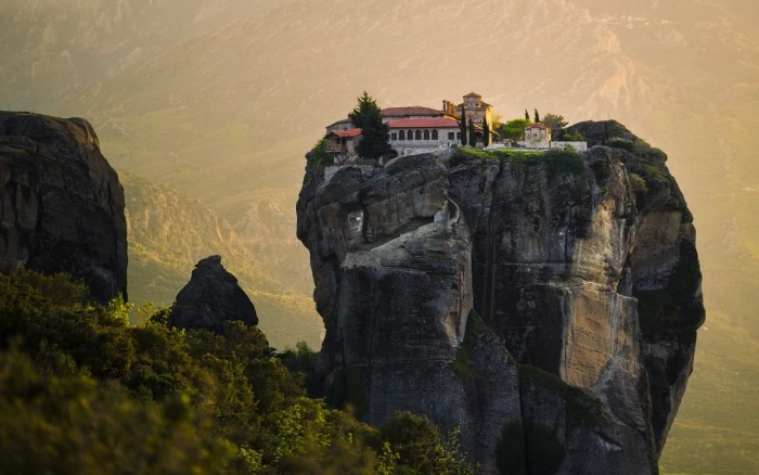 nature landscape monastery Greece mist cliff shrubs architecture 2k