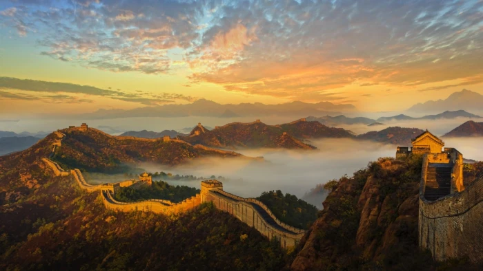 nature sky dawn great wall mountain sunrise china morning 2k