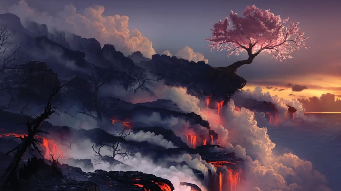 painting of pink blossom tree cherry clouds landscape 2k