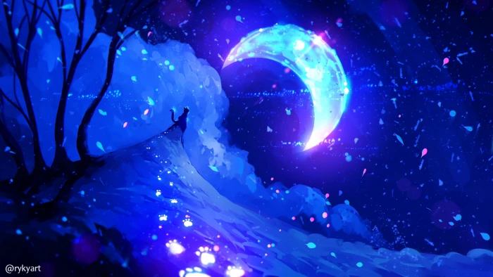 night Moon moon rays cats landscape digital art 2k