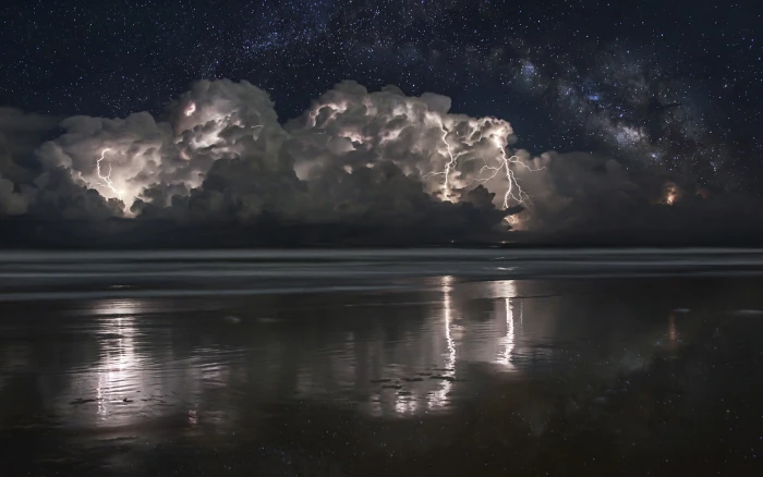 nimbus clouds lightning beach px storm starry night nature 2k