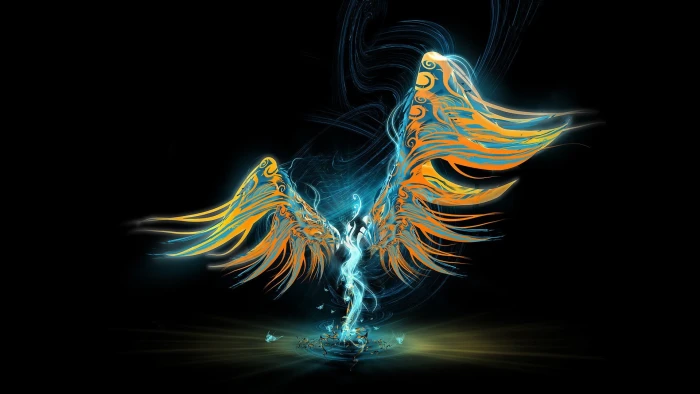 orange and green wings illustration angel lights dark background 2k