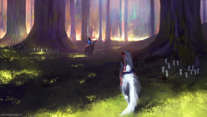painting of animal walking on woods anime Princess Mononoke 2k