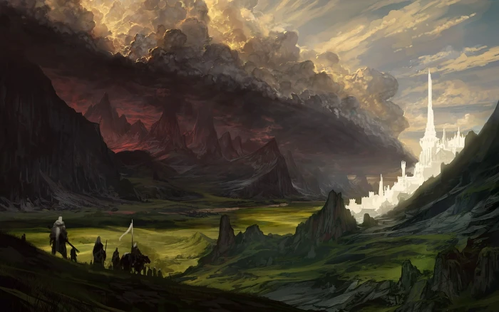 people at the mountain painting fantasy art The Lord of Rings 2k