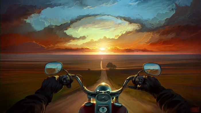 person riding motorcycle wallpaper digital art landscape sunset 2k
