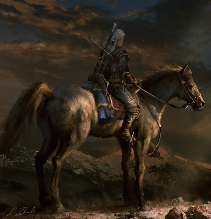 person riding on horse painting The Witcher artwork Geralt of Rivia