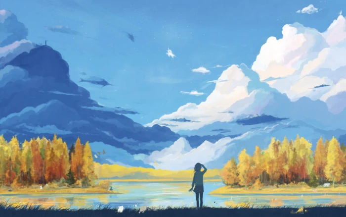 person standing near body of water painting silhouette looking at mountain 2k