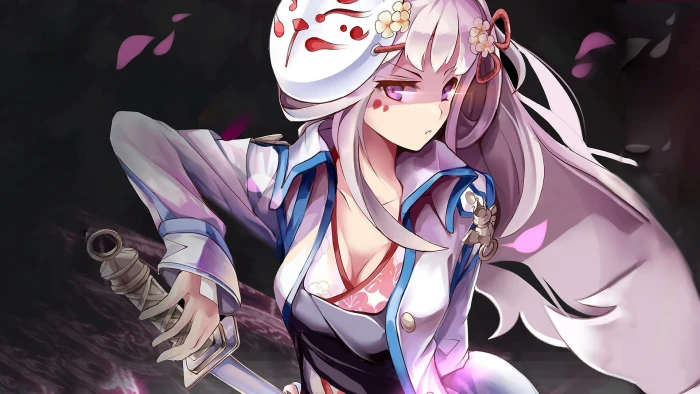 pink haired female anime characte girls mask sword long hair 2k