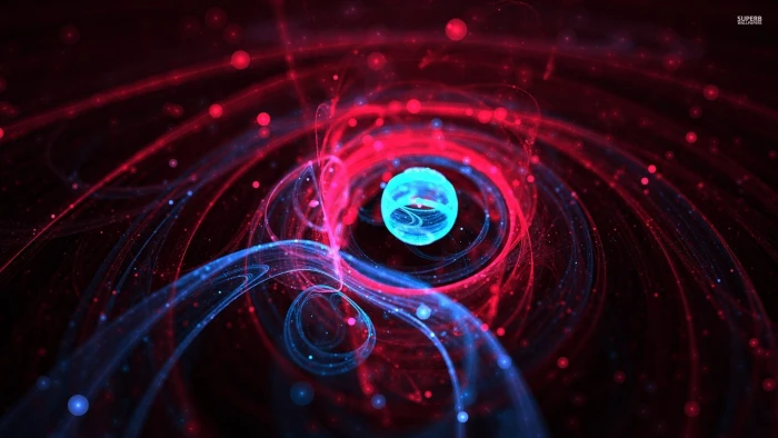 red and blue ray of light Plexus animation atoms orbits nuclear 2k