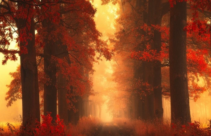 red leafed trees pathway between mist fall grass shrubs