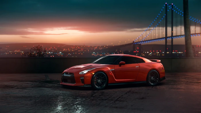 red Nissan GT R coupe GTR Car Sunset View transportation 2k