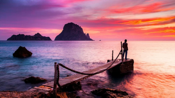 seashore pier sunset man island es vedra ibiza europe 2k