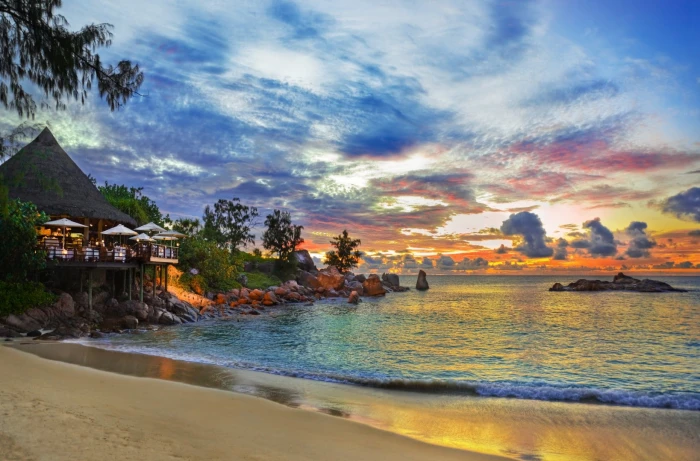 Africa resort sea sunset beach tropical landscape orange sky 2k