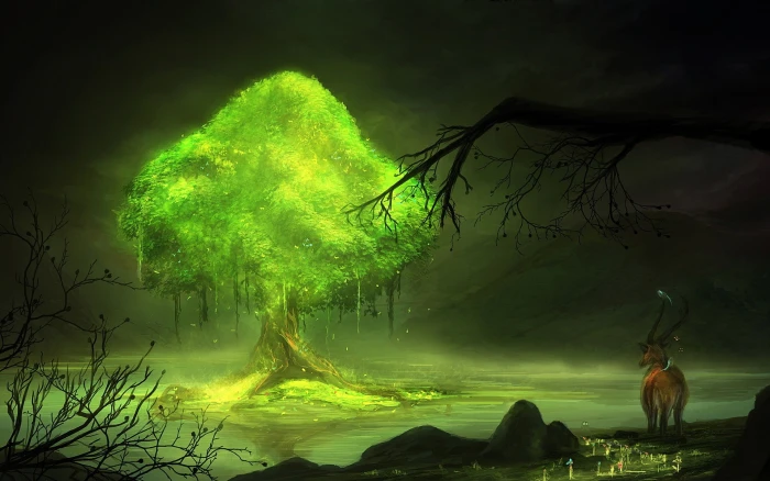animal near tree painting untitled digital art fantasy 2k