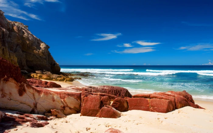 Beach nature rocks water ocean sea waves blue sky 2k