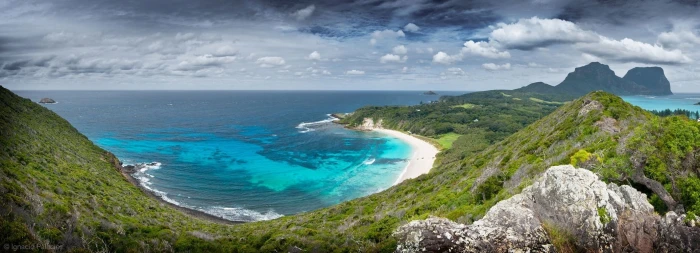 beach landscape nature sea mountains clouds forest water 2k