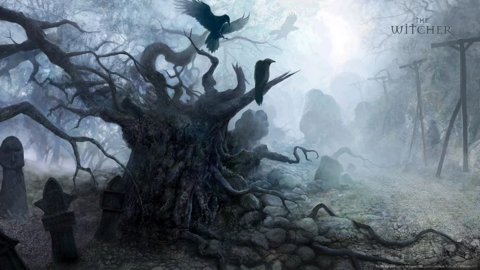 black and white abstract painting The Witcher tree nature 2k