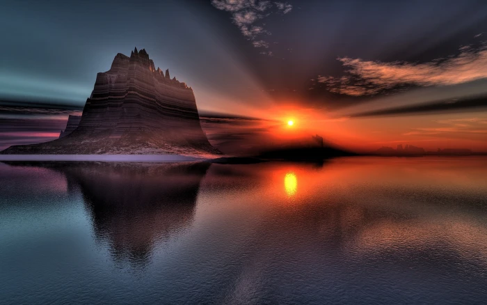 Beautiful scenery sunset lake rock hill reflection clam body of water 2k