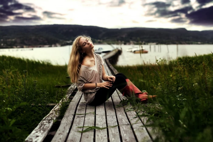 Blonde Girl Good Feeling Nature Lake hot babes and girls 2k