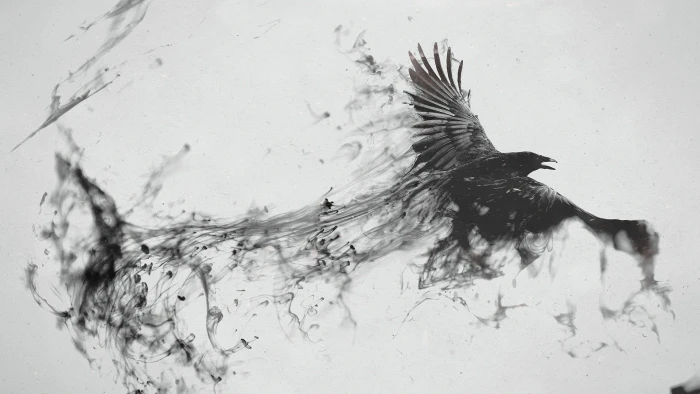black Raven with smoke artwork bird flying white And White 2k