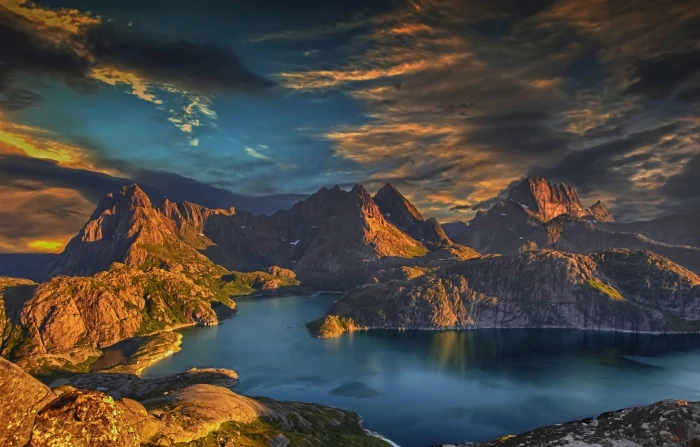 body of water sunset mountains bay island Lofoten Norway 2k