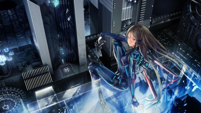 brown haired female anime illustration cyberpunk gun girls 2k