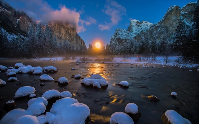 body of water near mountain during golden time nature landscape 2k
